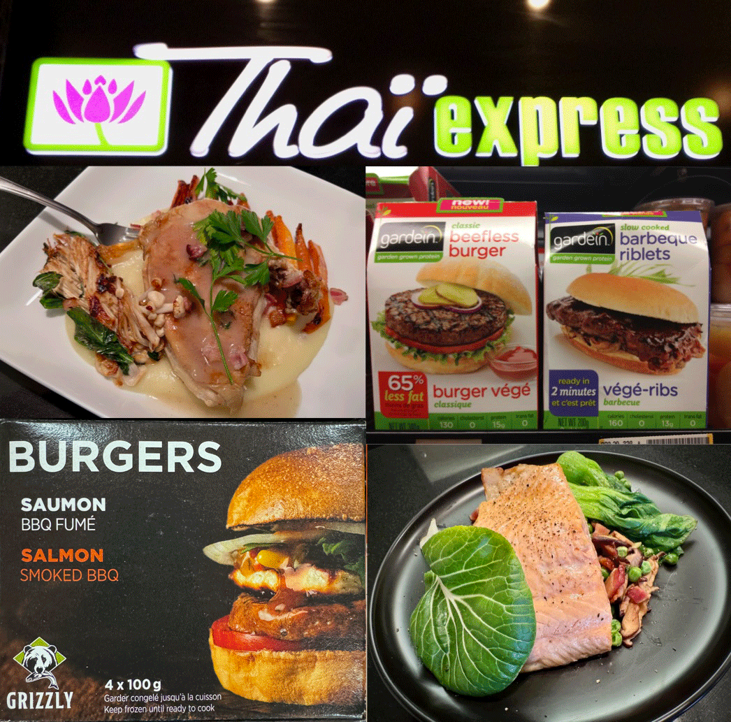 A mosaic image showing many available “frozen foods” and a sign for a Thai express restaurant.