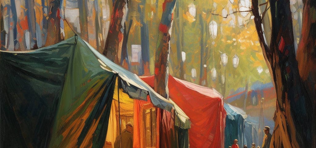 An artistic rendering of colourful tents on a path in the woods.