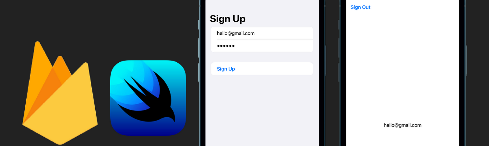 The Firebase and SwiftUI logo with 2 iPhones screens