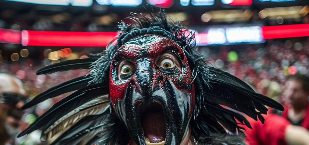 A man with a face painted to look like a falcon. He’s wearing a headband with feathers, and his mouth is open.