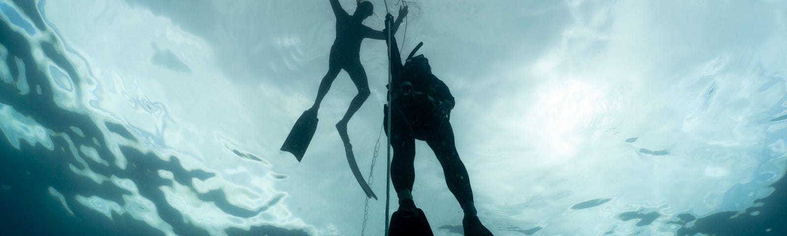 View from under the freedivers. We see the surface with the buoy, the instructor holding the buoy, and a freediver with long fins ascending right under. The water is clear.