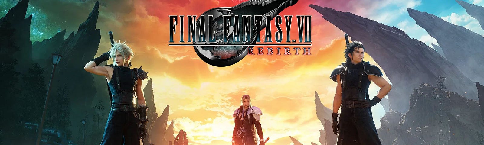 Capa de Final Fantasy VII Rebirth, com Cloud do lado esquerdo, Sephiroth centralizado e Zack no lado direito.