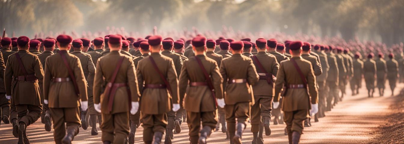 Image shows a platoon of marching soldiers wearing brown uniforms and maroon berets.