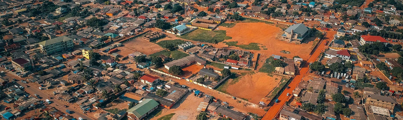 A drone shot of the vast landscape of Ghana, Accra