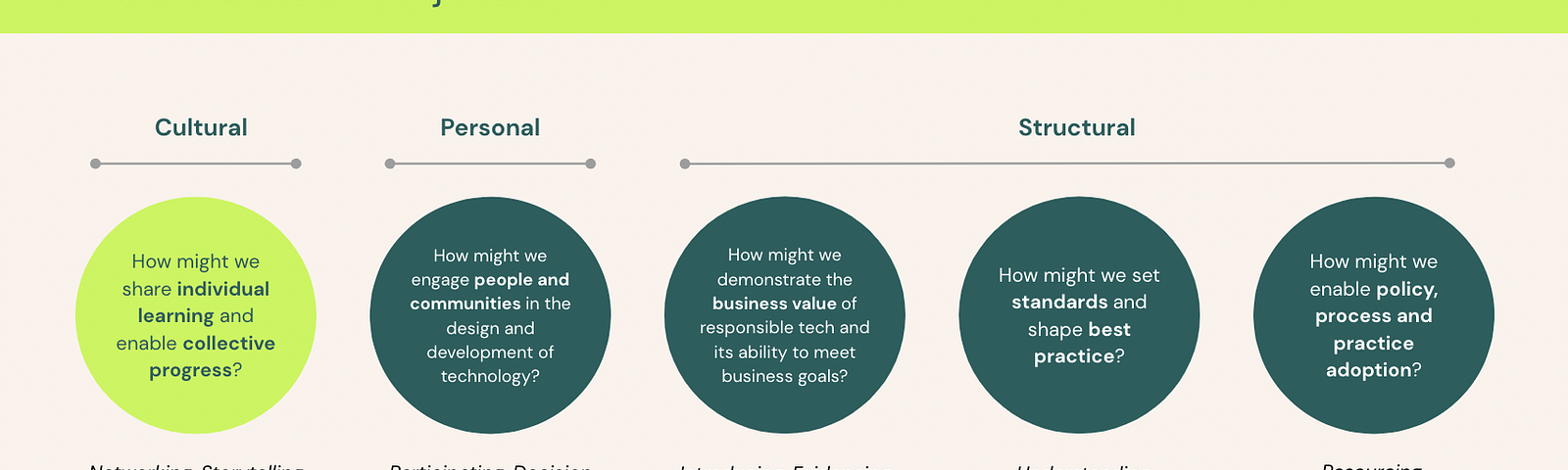 A slide that displays the five different opportunity areas identified by members of the collective, shown in five circles [listed in bullet point format above the image]. The prioritised opportunity is shown by a highlighted, light green circle.