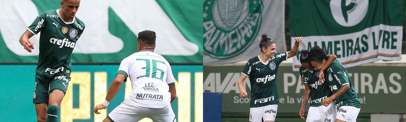 Montagem com fotos do jogo Palmeiras x Guarani pelo Paulistã, em que Giovani, todo de verde, conduz a bola marcado por jogador do Guarani, todo de branco; na outra foto, Byanca Brasil comemora o segundo gol do Palmeiras contra o  Atlético Mineiro pelo Brasileirão feminino com mais duas jogadores, abraçadas. Elas vestem camisa verde do Palmeiras, calções e meias brancas