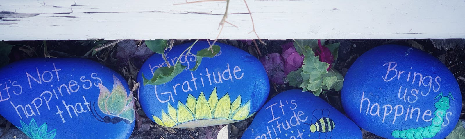 Image of stones with words written on them that say, “It’s not happiness that brings gratitude. It’s gratitude that brings happiness.”