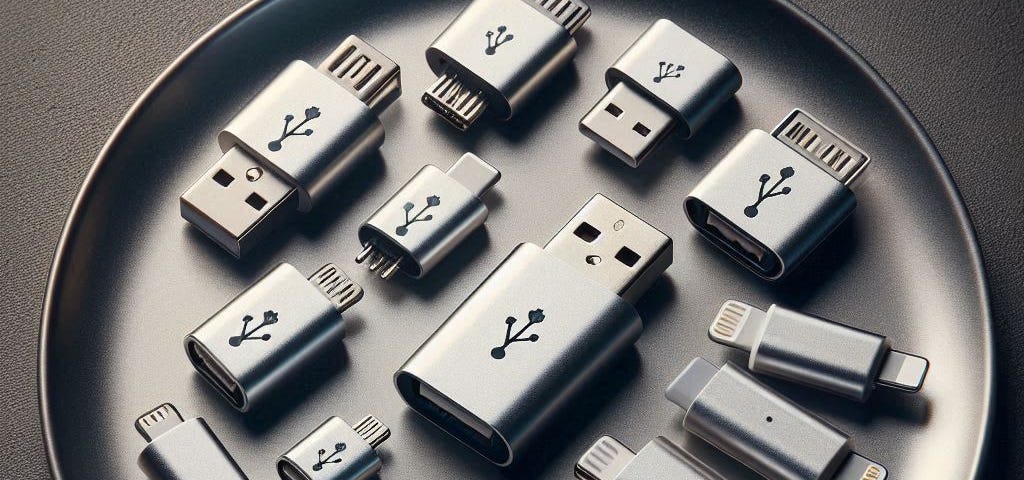 KI-gernierte, symbolische Auswahl von kleinen USB-Adaptern