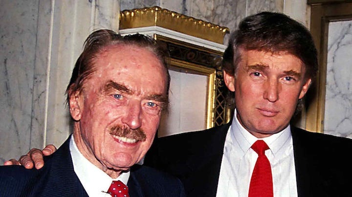 Photo of Donald Trump with father Fred Trump. Parents. New York City. Birth. Babies. Wealth. Politics. Satire. Funny. Humor.