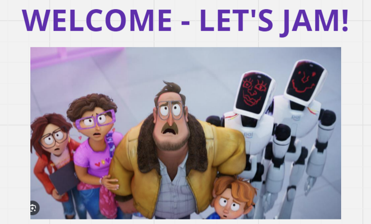 A screen shot of a Miro board showing the characters from the animation film ‘The Mitchells vs the machines’. The header says ‘Welcome-let’s jam’.