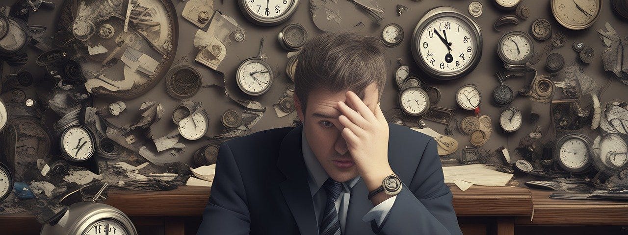 Multitasking executive surrounded by clocks — busy or productive?