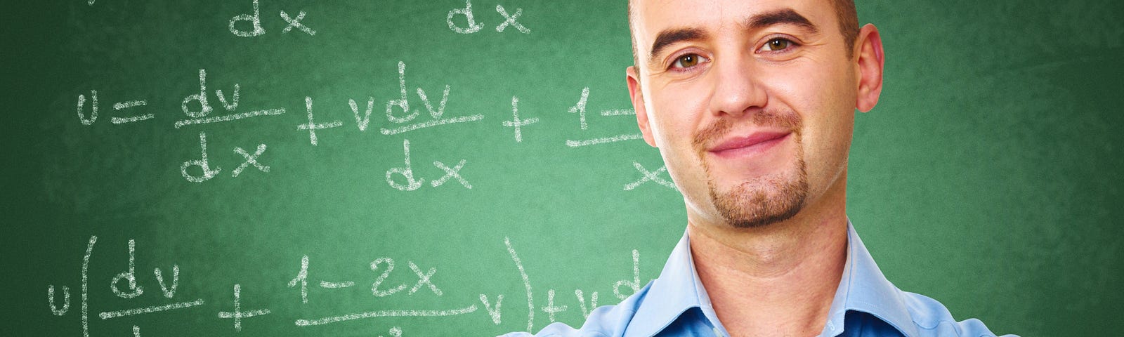 confident math teacher and classic chalkboard background
