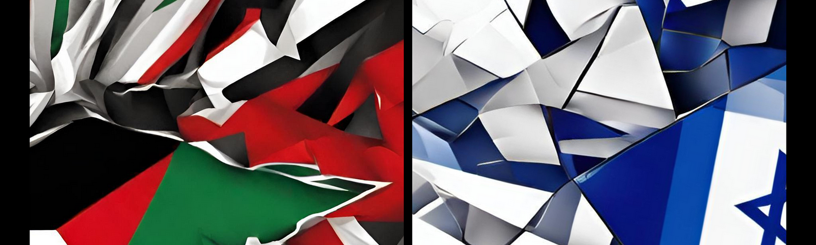 A shattered Palestinian flag on the left and a shattered Israeli flag on the right with a black line separating them from each other.