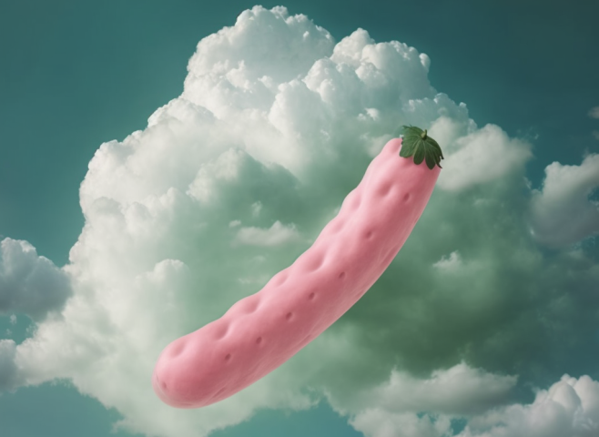 Giant pink cucumber floating in the clouds