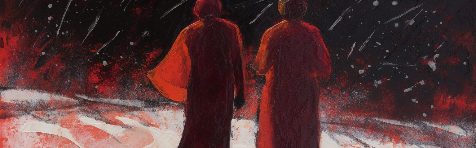 two women walking through a red snow storm