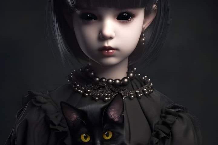 Little girl dressed all in black with necklaces and black cat.