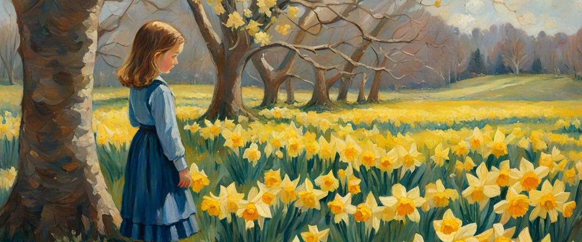 A little girl looking at a field of yellow daffodils