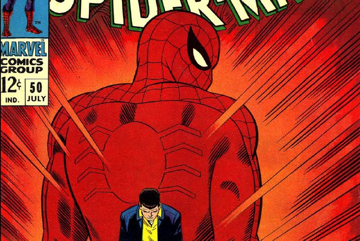 The cover to The Amazing Spider-Man #50 by John Romita Sr. In the foreground, a distraught Peter Parker walks toward us, head down. In the background, a giant image of Spider-Man looms, walking the other way but glancing over his shoulder toward Peter.