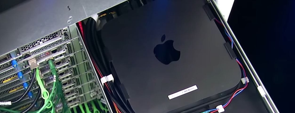 An Apple Mac Mini integrated into a rack at an AWS datacenter