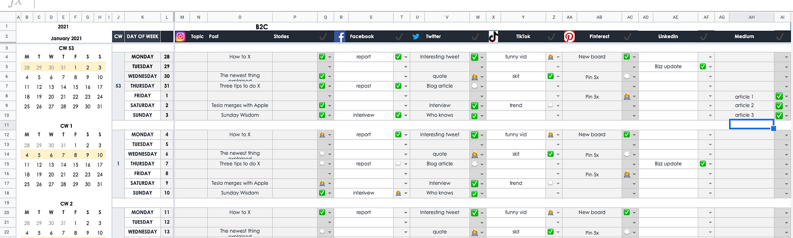 Screenshot of the template showing the Jan ’21 tab with random dummy data.