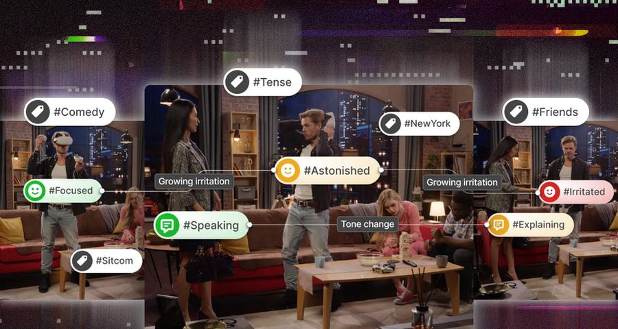 Scenes from a TV sitcom have labels on them like “#friends, #comedy, #speaking.”