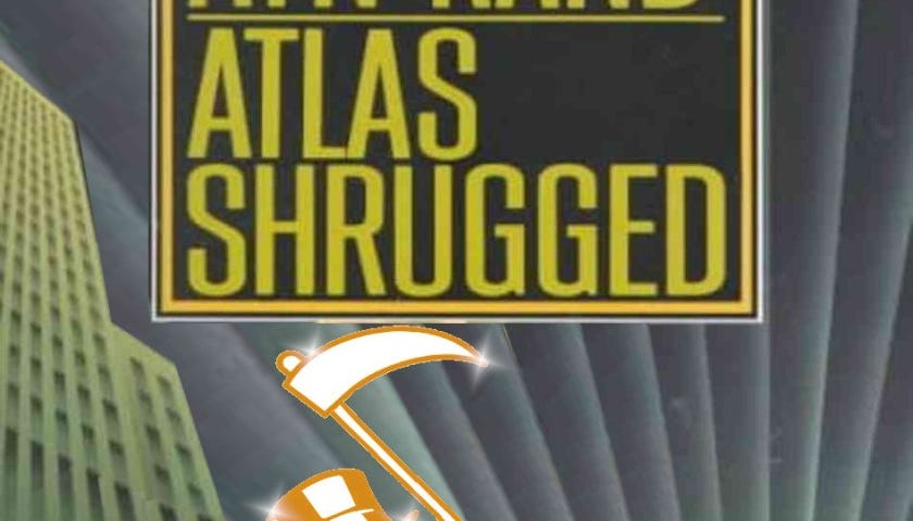 An altered cover of Ayn Rand’s ‘Atlas Shrugged.’ Atlas has been replaced by Monopoly’s Rich Uncle Pennybags, his face a skull-mask, dancing a jig. He is golden-colored. The rising sun has been replaced by a rising Earth, wreathed in flames. Image: Penguin Publishing Group (modified) NASA (modified) Parker Brothers (modified) Unknown (modified) Cristian Ibarra Santillan (modified) https://www.flickr.com/photos/cristian_ibarra_santillan/49595214931/ CC BY 2.0: https://creativecommons.org/l