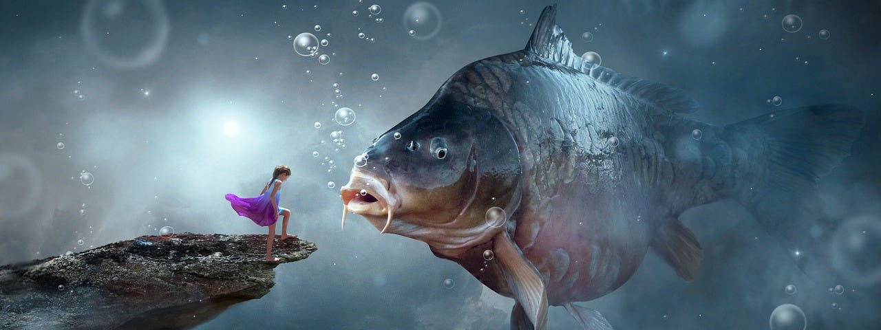 A young girl, standing on a rocky ledge underwater, whilest holding a conversation with a large carp.