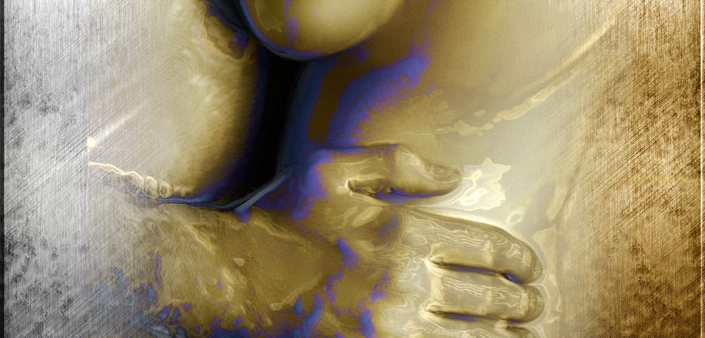 a digital painting of a woman’s torso with her lover’s hands on her stomach, a bronze-golden image by ‘Samarel Eros’