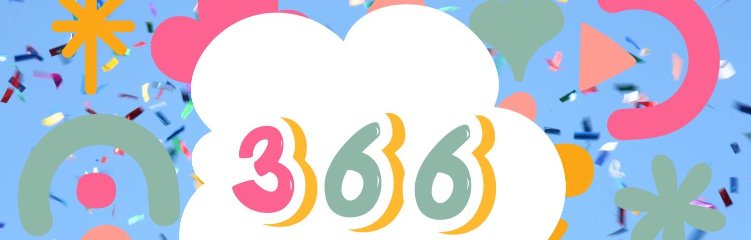 the number “366” on a white cloud against a colorful, party-themed celebratory background