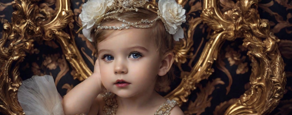 an ai-generated baby with golden clothing and flowers in their hair, sitting in an ornate golden chair
