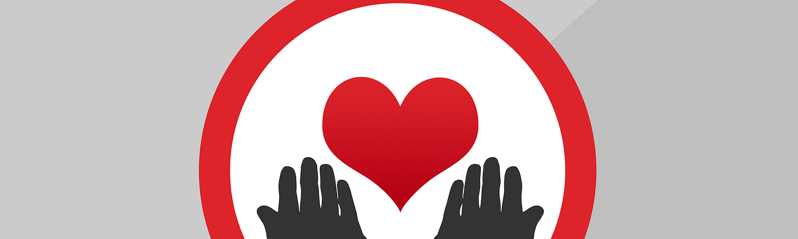 A circle outlined in red; inside the circle two silhouetted, outstretched hands reach out to a red heart.