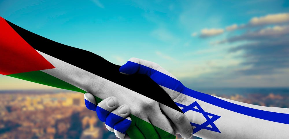 Shaking hands Palestine and Israel