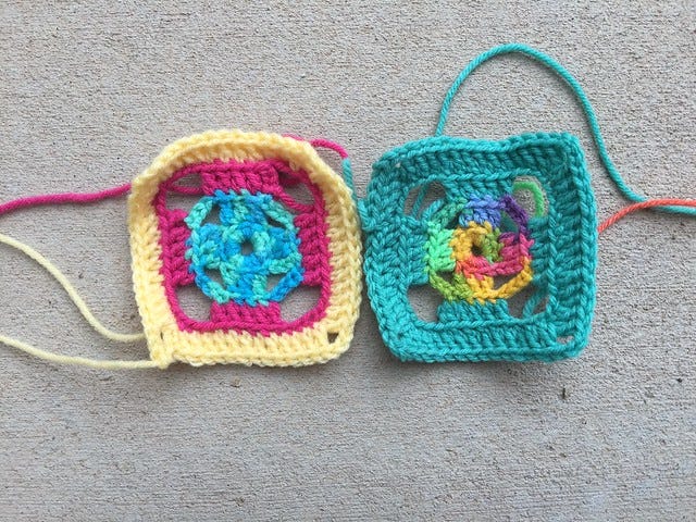 Two four-inch flamboyant granny squares for a future crochet purse