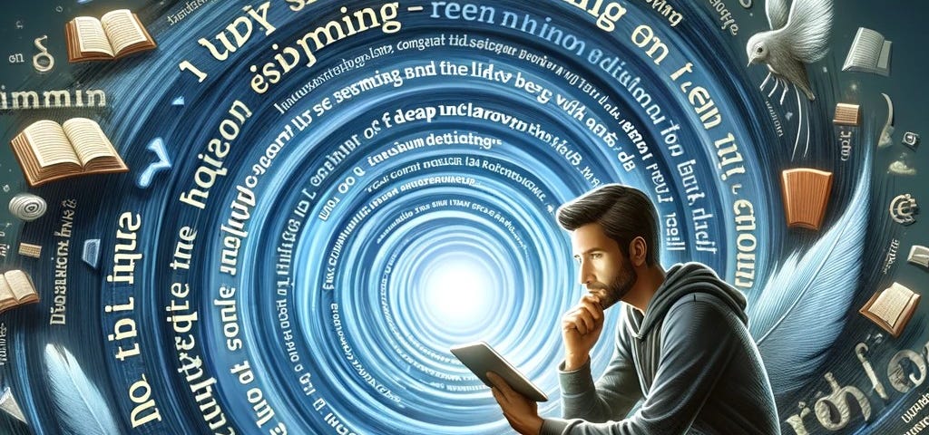 An individual sitting thoughtfully with a tablet, encircled by a swirl of words and phrases, symbolizing the shift from rapid skimming to in-depth reading engagement.