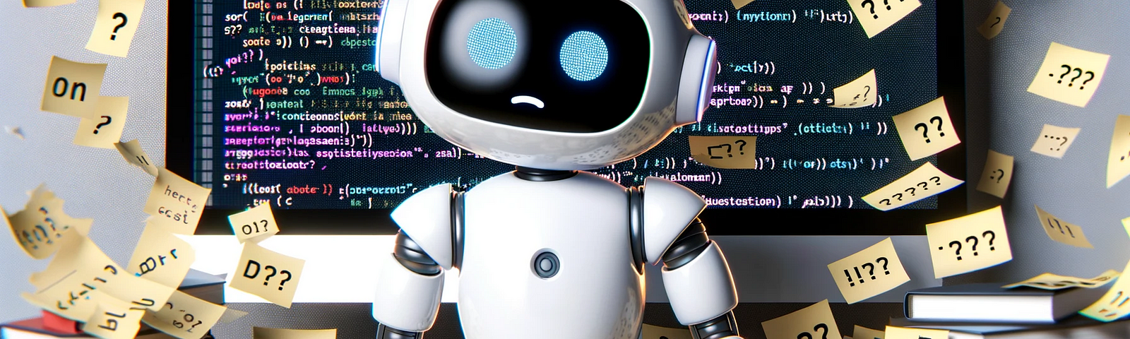 A robot with a puzzled look on its face with sticky notes falling from above with question marks on them. There’s a screenshot of code behind the robot.