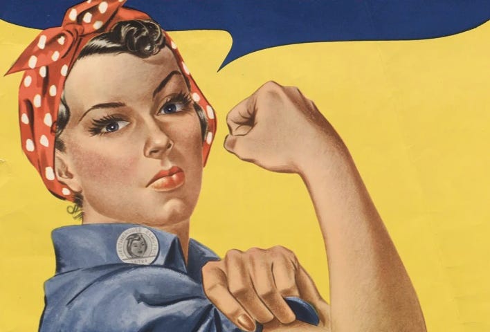 Image of the Rosie the Riveter poster. An iconic wartime poster of a strong, confident female worker flexing her muscle with the words emblazoned above: “We Can Do It.”