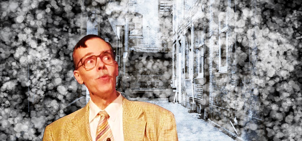 Photo-illustration by Mark Armstrong. Nonchalant guy with glasses wearing bright gold-colored sport coat and tie and holding a cigar is walking through a dark alley at night in a snowstorm.