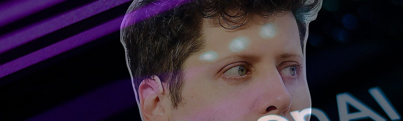 IMAGE: A photo of Sam Altman (photo by Steve Jennings/Getty Images for TechCrunch) overshadowed by a semitransparent version of the OpenAI logo