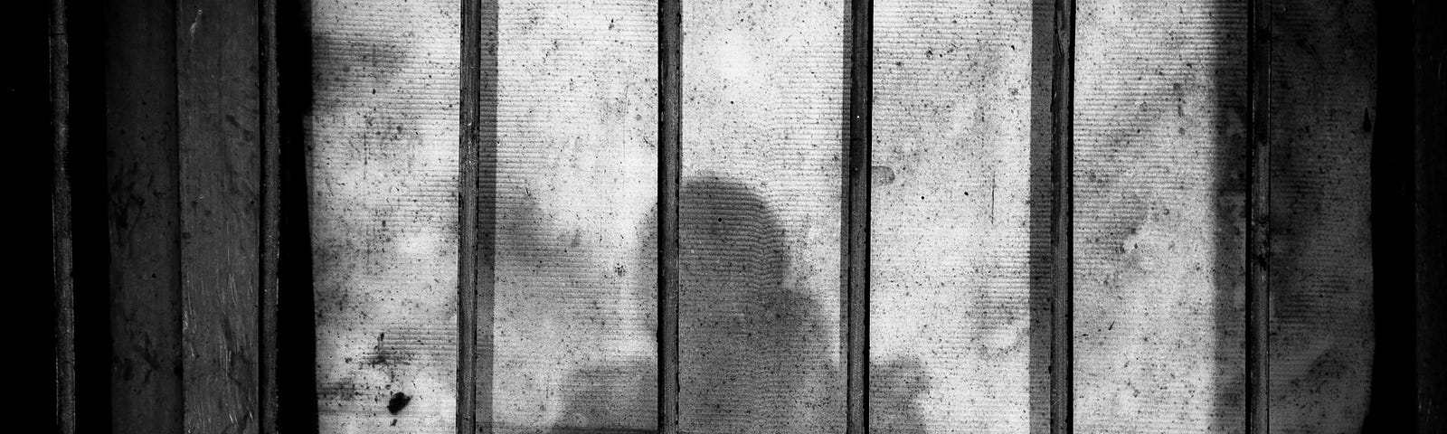 haunting black and white image of a shadow of someone showing through canvas drawn curtains behind a barred window