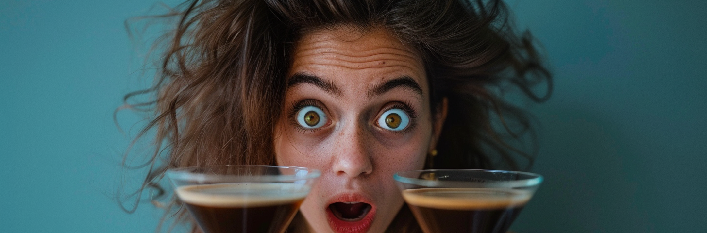 A frazzled woman holding two espresso martinis