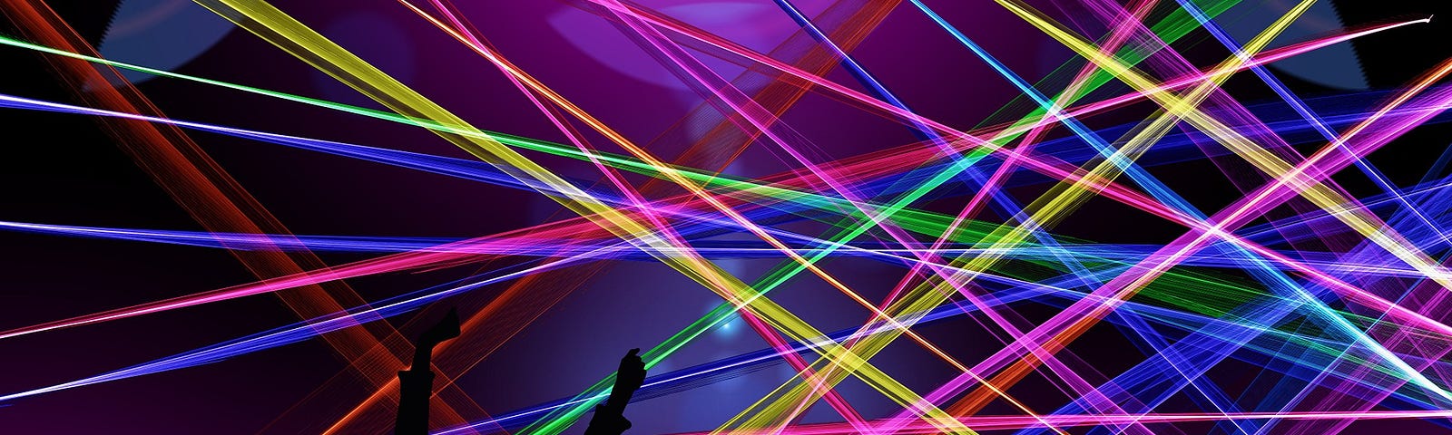 Silhouettes of people dancing across the bottom with a purple background and rainbow lasers crisscrossing the whole space.