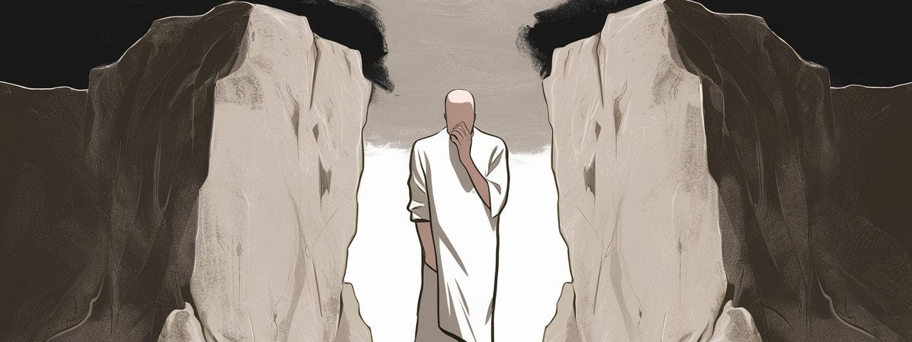 A minimalist illustration of a man in a toga standing in front of two cliffs, with an expression of contemplation.