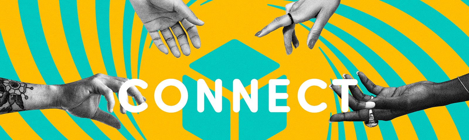 Illustration where 6 hands reach out to the center of the image that reads ‘Connect’. On the top left it states: Explore augmented audio reality together. On the bottom right is the logo of Cubemint.