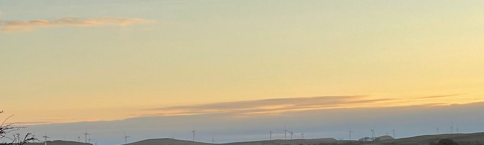 The sun is setting behind hills in the mid-distance. Wind turbines are spread out across the skyline