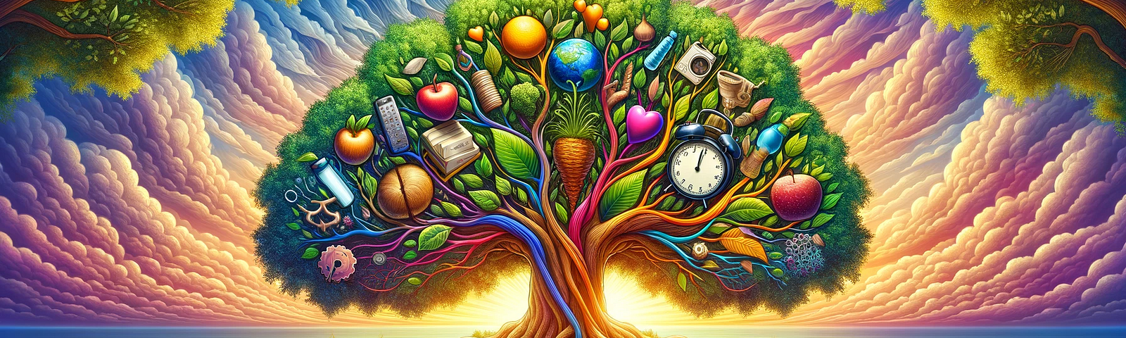 A tree full of items like: clock, bottle of water, heart, fruits or book