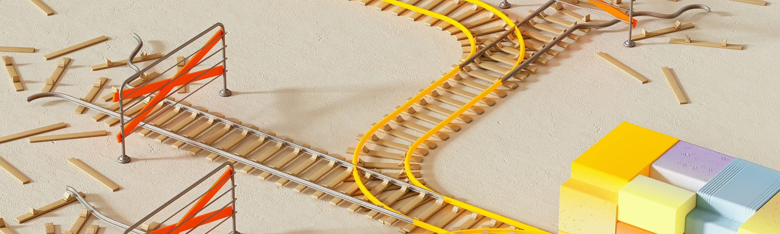 A colorful train navigates a complex, partially obstructed track layout, marked with barriers and scattered planks.