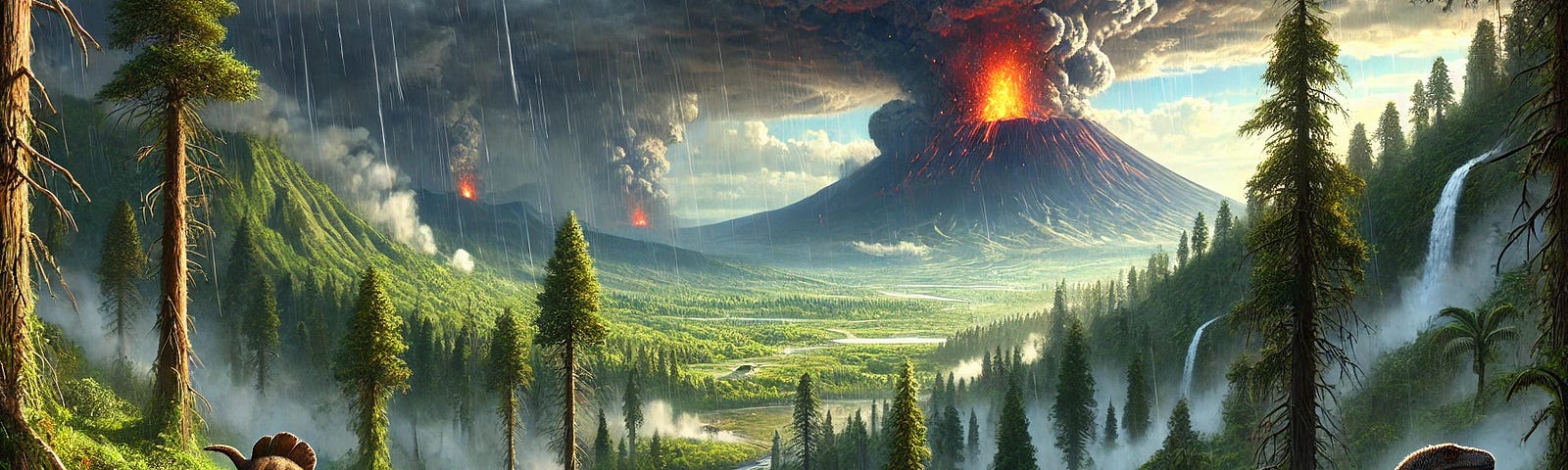 A prehistoric volcanic landscape during the Carnian Pluvial Episode, around 230 million years ago. The scene depicts a massive volcanic eruption with ash and lava spewing into the sky, creating dark clouds and smoke. In the foreground, dense, lush forests are forming due to the increased rainfall, with early dinosaurs and reptiles adapting to the changing environment. The atmosphere is thick and humid, with rain falling, contrasting the fiery eruption with the emerging green landscape. In the ba