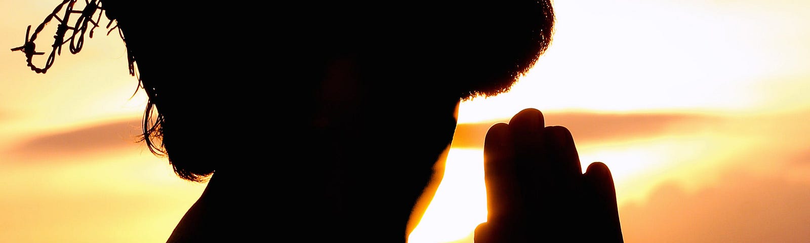 Photo of man with crown of thorns in profile, with sunset behind