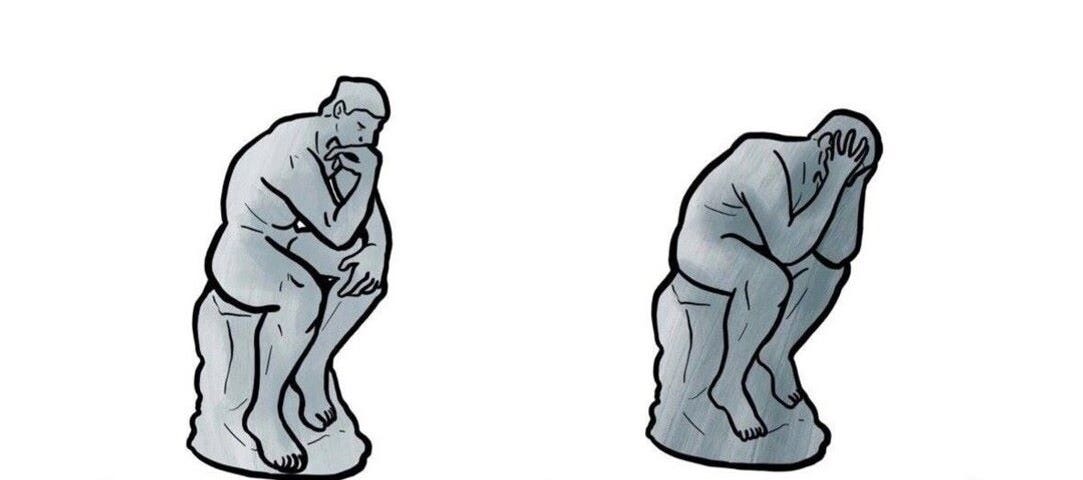 Drawing of two sculptures. Rodin’s “The Thinker” sculpture on the left and a similar sculpture but with the man’s head in his hands titled “The Overthinker.”