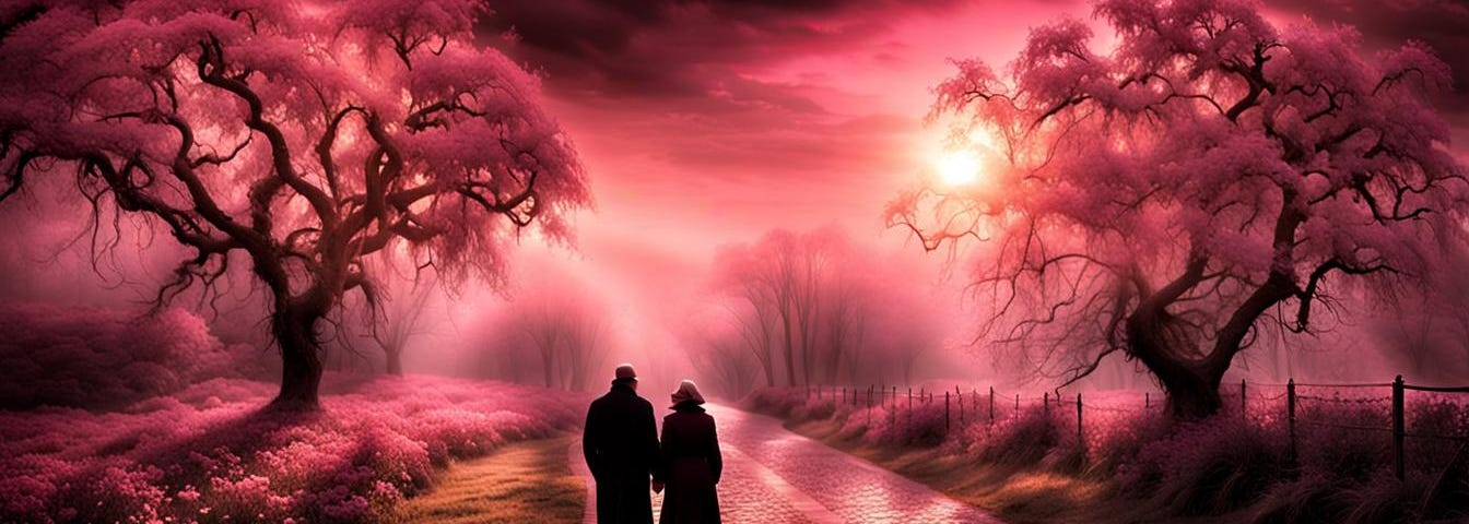 2 lovers walk holding hands, in sunset